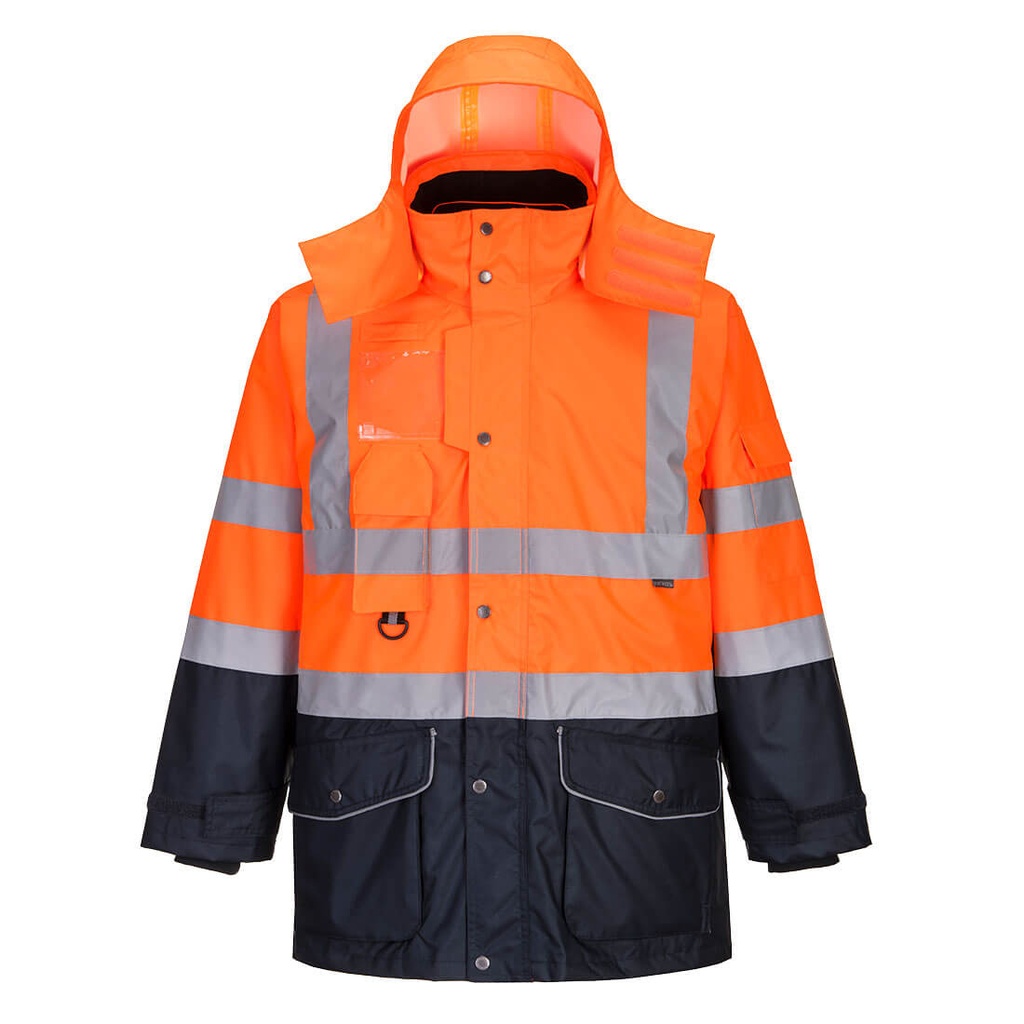 Hi-Vis Breathable 7-in-1 Contrast Traffic Jacket (XS, Orange/Navy)