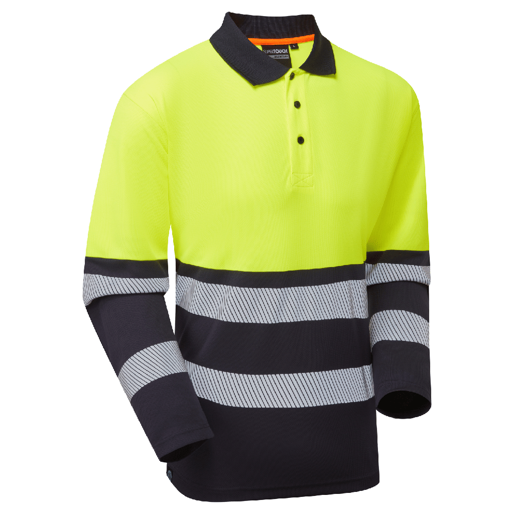 [ESS600 YNM] Essentials Hi-Vis Eco Yellow/Navy CoolAir Long Sleeve Polo (Medium)
