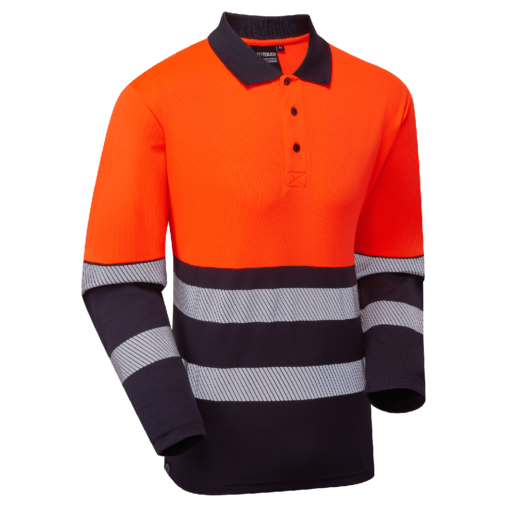 [ESS600 ONS] Essentials Hi-Vis Eco Orange/Navy CoolAir Long Sleeve Polo (Small)