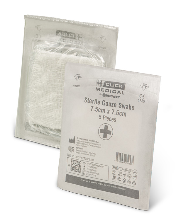 [CM0453] Click Medical Gauze Swabs 7.5CM X 7.55CM Sterile (5 Pack)