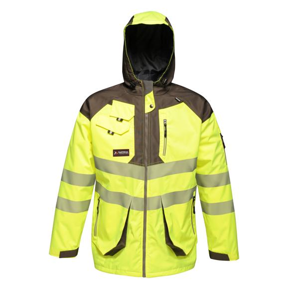 [TRA340 9PQ 50] Regatta Men's Hi-Vis Waterproof Reflective Hooded Jacket (S, Yellow/Grey)