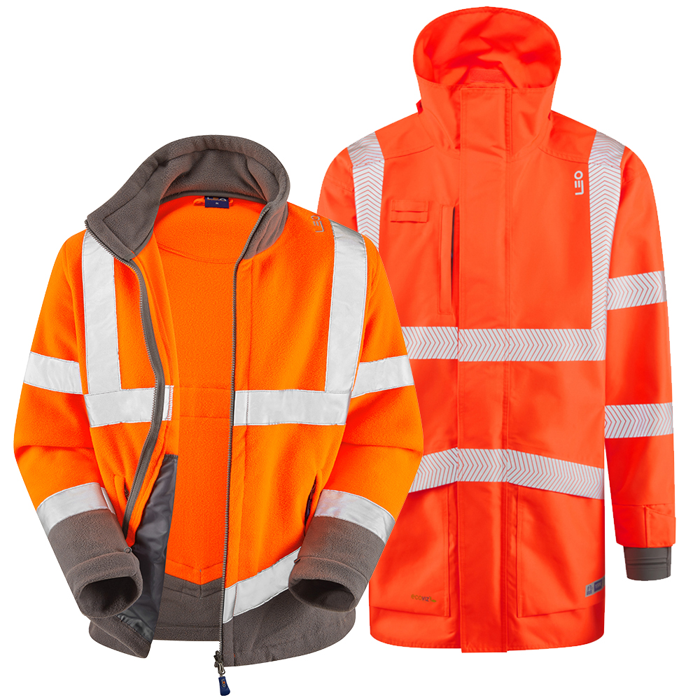 [A04/F01-O-LEO-S] CLOVELLY + HARTLAND Leo 3-in-1 Anorak + Fleece Jacket (S, Fluorescent Orange)