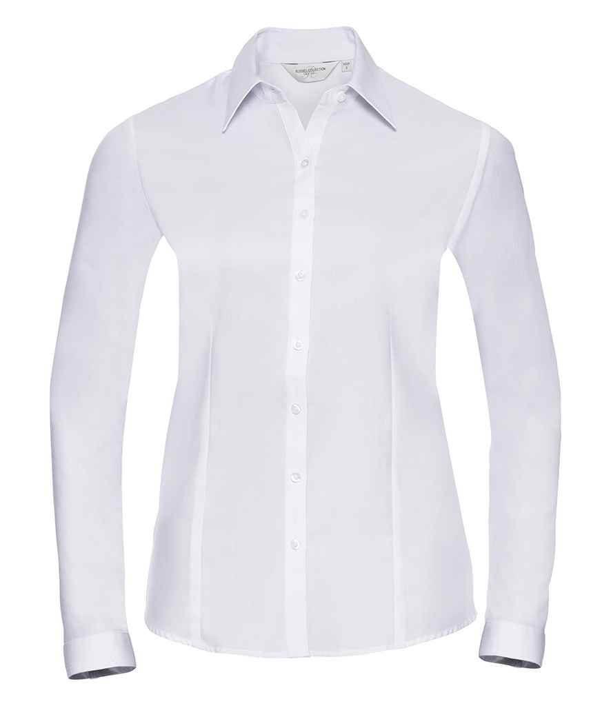 [962F WHI XS] Russell Collection Ladies Long Sleeve Herringbone Shirt (White, XS)