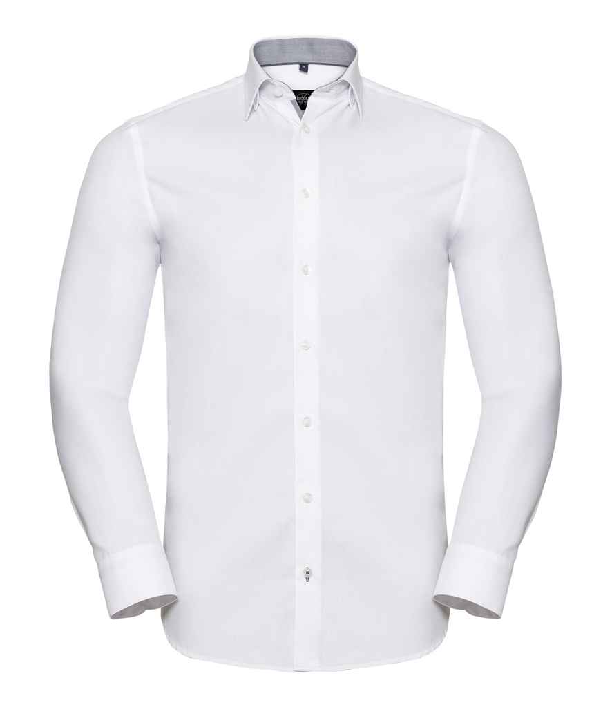 [964M WH/SI 14.5] Russell Collection Long Sleeve Contrast Herringbone Shirt (White/Silver, 14.5)