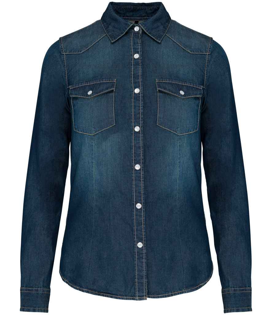 [KB518 DNM XS] Kariban Ladies Long Sleeve Denim Shirt (XS)